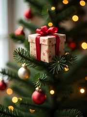 A Small Gift Is Placed Horizontally On Top Of The Christmas Tree For All Family Members To See.