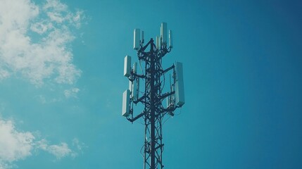 Tall Cellular Tower Against Bright Blue Sky with White Clouds