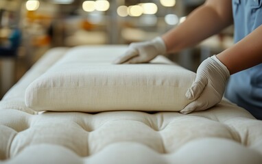 Artisan Craftsmanship A Close-Up View of Fine Upholstery Being Carefully Placed. Soft, Neutral Tones and Textured Fabric.