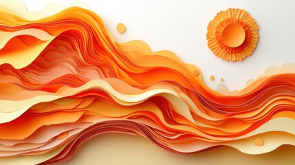 A minimalist abstract piece of paper cut art with a circular shape. The gradient background transitions from orange to yellow, with a setting sun in the top right corner.