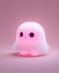 A cute, illuminated ghost-shaped lamp with a smiling face and soft pink hues, set against a pastel background.