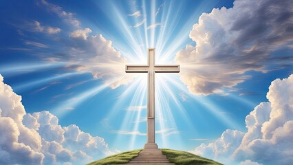 A vibrant blue sky filled with fluffy white clouds surrounds a glowing white cross,