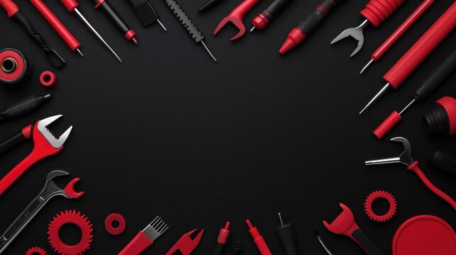 A collection of red tools arranged on a black background, showcasing various hand tools and gear, emphasizing a bold and industrial aesthetic.