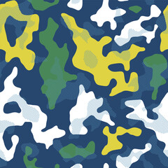 Youth sportswear textile printing. Camouflage seamless pattern background. Classic military clothing style. Bright urban color camo repeat print. Green blue and yellow texture. Vector wallpaper