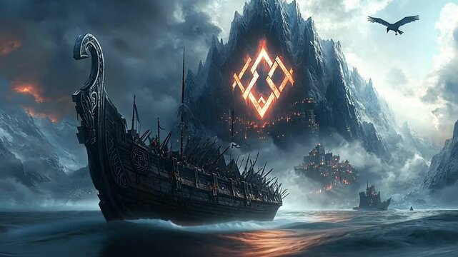 Frozen fjord, ancient ship, mystical symbol, epic battle scene.  Possible use Game cover or book cover