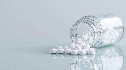 A close-up image of white pills spilling from a transparent jar, resting on a reflective surface, creating a clean and minimalist aesthetic.