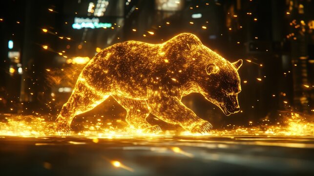 Radiant golden arrows converging into the shape of a charging bear downtrend, copy space, focus on market resilience, dynamic, manipulation, backdrop of luxury corporate districts - Powered by Adobe