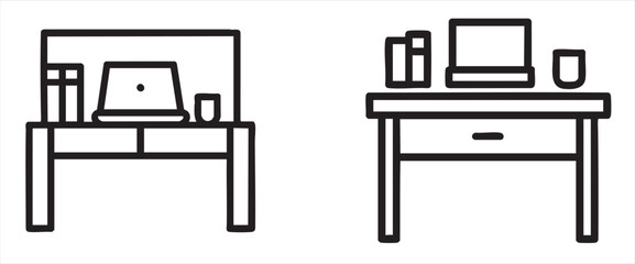 Minimalist desk designs with a laptop, books, and a glass on a clean surface.