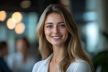 Obraz premium Smiling blonde woman with perfect teeth in modern office, close-up portrait
