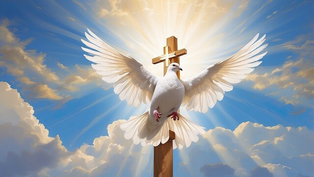 A white dove in mid-flight is depicted against a bright blue sky,