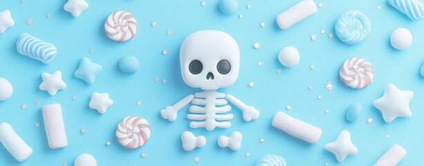 A whimsical arrangement of candy and a skeleton figure on a blue background, creating a playful Halloween-themed scene.