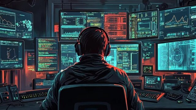 An ethical hacker wearing a headset and deep in concentration monitors multiple screens in a dimly lit room filled with technical equipment. Various tools and command windows display