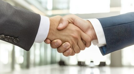 A close-up of two hands in business suits shaking, symbolizing agreement, partnership, or negotiation in a professional setting.