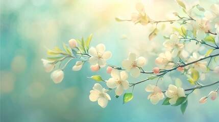 Delicate white spring flowers on blooming branches with soft sunlight and pastel bokeh background for Easter theme