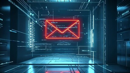Digital security concept is illustrated with glowing red email icon floating in futuristic server room, representing phishing attack and highlighting importance of cyber security measures - Powered by Adobe