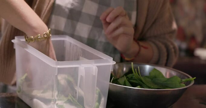 A young woman is blending a wild bear garlic in a kitchen