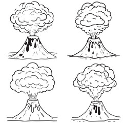 detailed black and white volcano eruption drawing. Perfect for educational materials, tattoos, prints, and artistic designs. Hand-drawn volcanic explosion illustration.