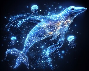 Digital Whale with Jellyfish, Dark Background