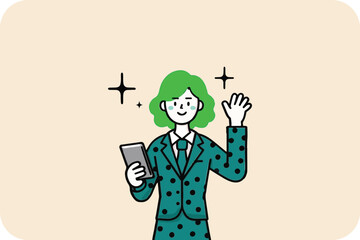 Friendly Woman Waving, Holding Phone, in Polka Dot Suit, on Soft Beige Background, Ideal for Communication and Greeting Graphics