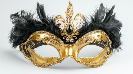 Elegant gold and black feathered Venetian mask with sparkling gems, placed on a white surface.