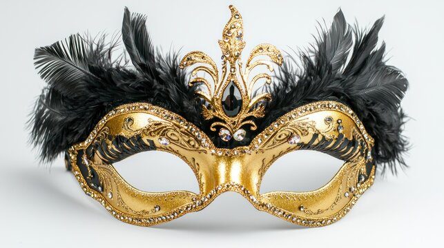 Elegant gold and black feathered Venetian mask with sparkling gems, placed on a white surface.