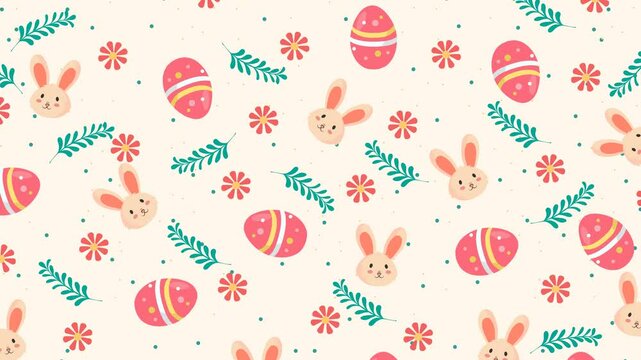 A cheerful Easter-themed animation featuring bunnies, eggs, flowers, and leaves dancing across the screen in a playful pattern.Perfect for festive projects.