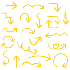 Vector illustration of Single line hand drawn arrows set (yellow)