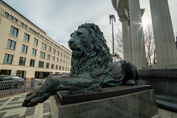 Bronze lions near the Cathedral of Christ the Savior. Moscow. March 2025.