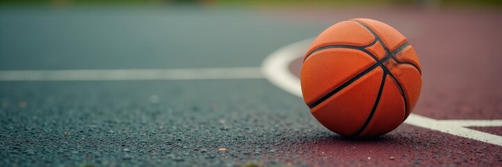 Orange basketball rests on worn asphalt court, macro, surface