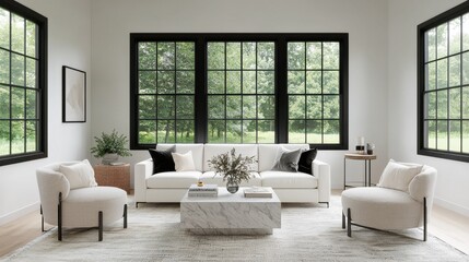 Fototapeta premium Modern Living Room with Large Windows and Elegant Furniture Design