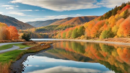 Naklejka premium A serene landscape featuring a calm lake reflecting vibrant autumn foliage along its shore.