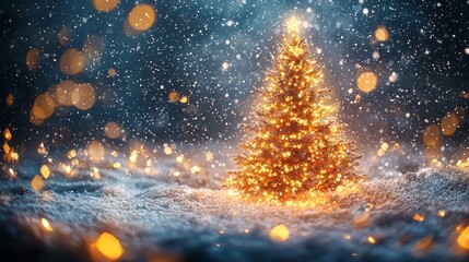 Naklejka premium Magical Christmas Tree with Glowing Lights and Falling Snowflakes