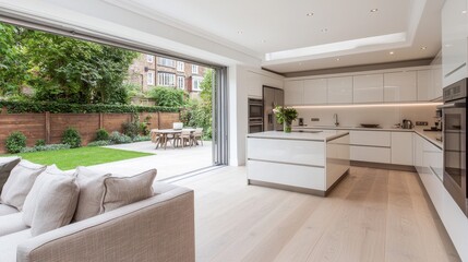 Fototapeta premium Modern Kitchen with Open Layout and Outdoor Access to Garden Space