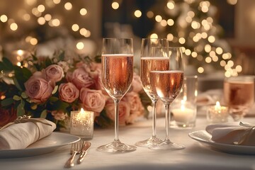 A Celebratory Toast with Champagne and Roses
