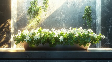 Lush green indoor garden with sunlit clovers in modern planter