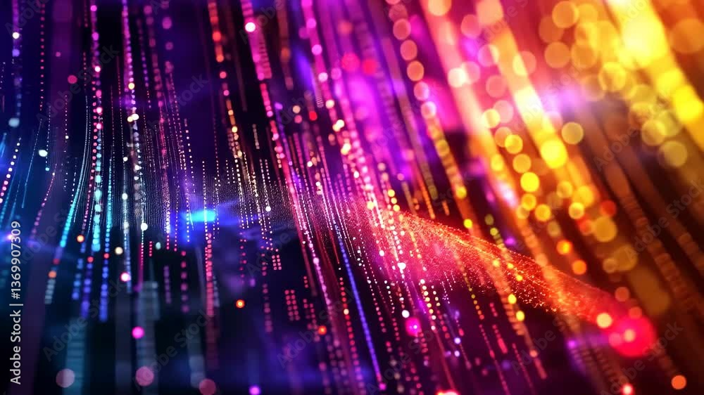 Poster a mesmerizing display of vibrant colors and sparkling particles flowing in wave patterns, creating a