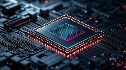A close-up view of a microchip on a circuit board, showcasing intricate designs and glowing elements, highlighting modern technology.