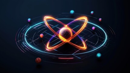 A vibrant digital illustration depicting an atomic structure with colorful orbits and particles against a dark background.