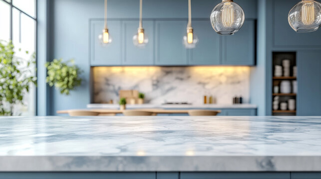 An empty marble island in a vintage blue kitchen designed in a Provence style, with a blurred dining table, stylish furniture, and pendant lighting above