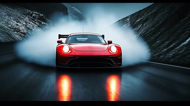 Sleek sports car drifts on winding road, creating smoke and reflections in powerful display of agility and excitement.