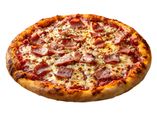 Classic ham and cheese pizza with tomato sauce