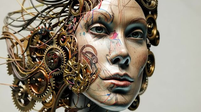 A detailed sculpture featuring a human face intertwined with gears and wires, exemplifying the fusion of art and technology in a modern exhibit.
