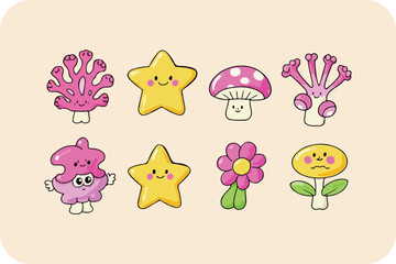 Whimsical Cartoon Character Collection: Stars, Flowers, Mushrooms, and Abstract Shapes in Playful Style