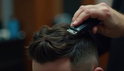 Fototapeta premium Barber's hand skillfully using clippers on dark hair, hair salon, technique
