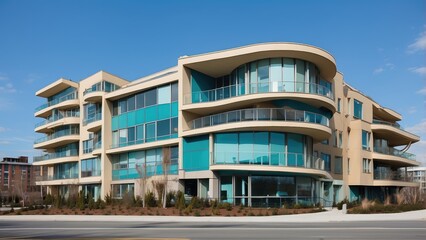 Obraz premium Modern multi-story building featuring a mix of teal and beige exterior,