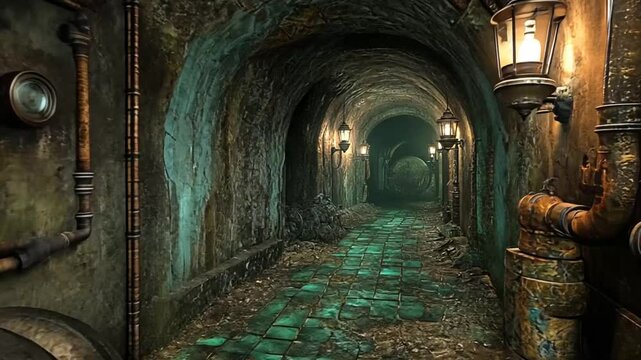 Mysterious steampunk tunnel, dark passageway,  industrial design. Possible use  fantasy, sci-fi, background