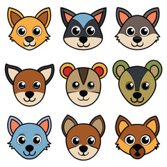 Fototapeta premium Funny collection of cute cartoon animal heads including cats, dogs, pigs, and bears