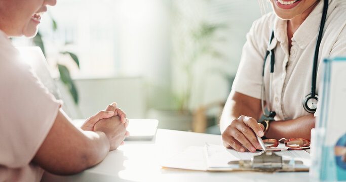 Hands, people and documents for application, clipboard and discussion in office with writing and insurance report. Information, medical paperwork and doctor with patient for surgery consent form - Powered by Adobe