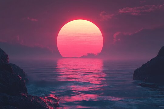 Vivid sunset reflects on water with misty waves and rocky coastline creating a serene atmosphere at twilight