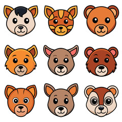 Fototapeta premium Cute vector cartoon animals icon set with funny faces